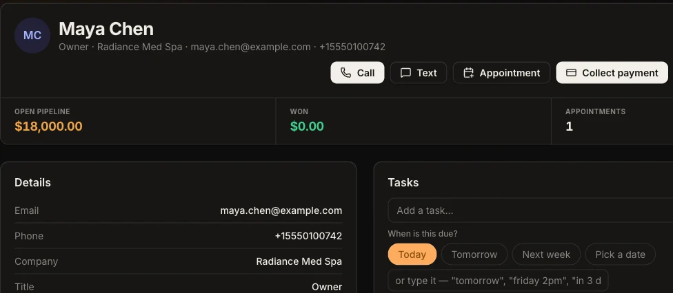 A LeverageOS contact record with Call, Text and Appointment actions, an $18,000 open pipeline, and a details panel